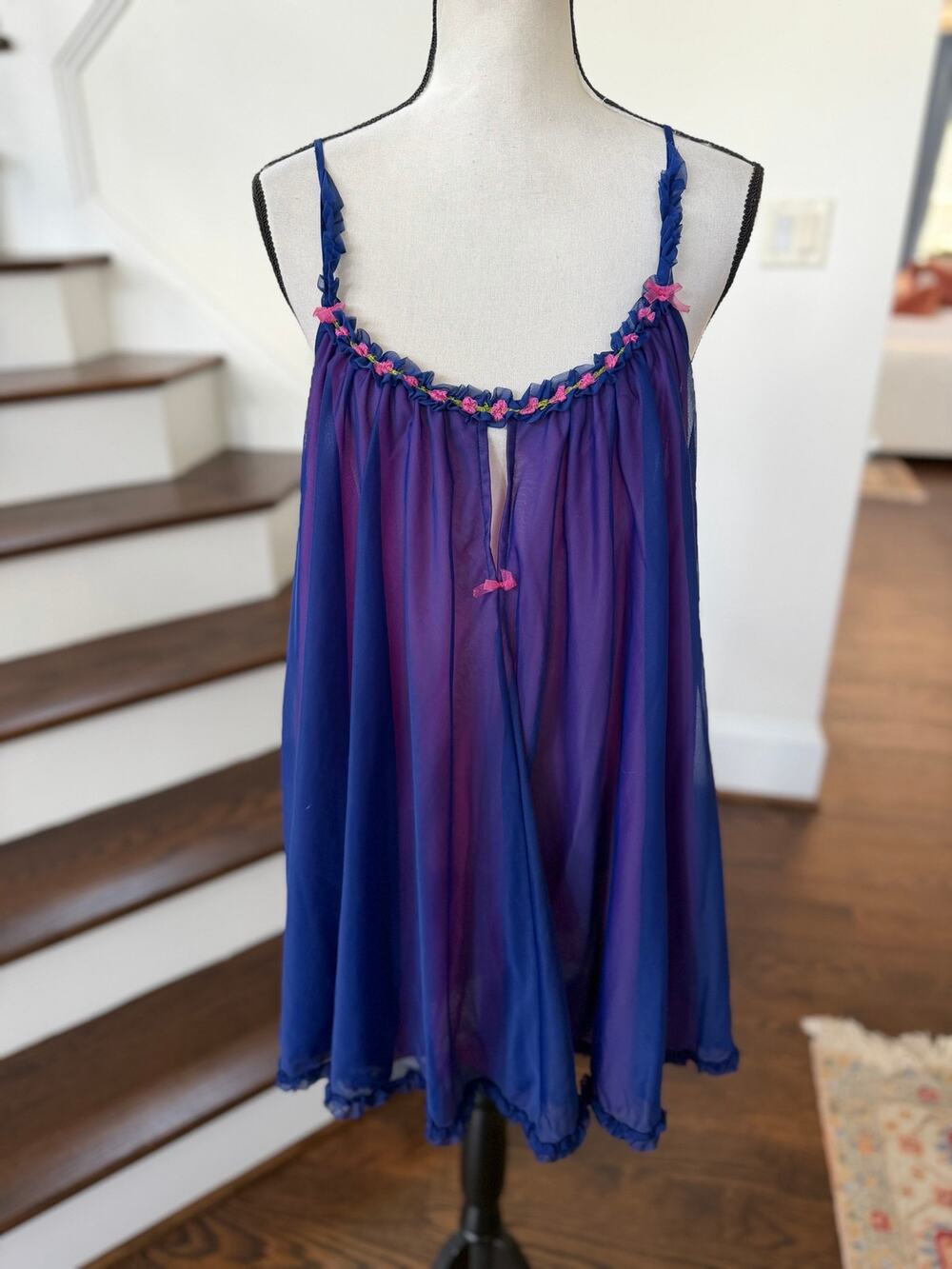 Vintage Betsey Johnson Blue Hot Pink Bow Rosette Baby Doll Slip Nighty Nightgown